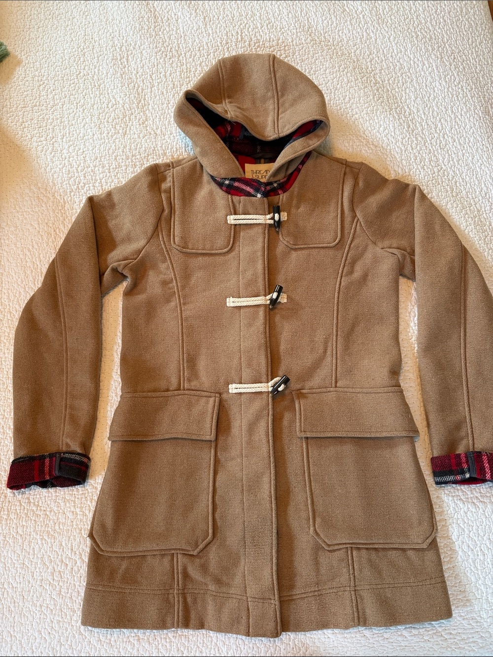 Thread & Supply Camel Hooded Toggle Pea Coat with Red Plaid Trim